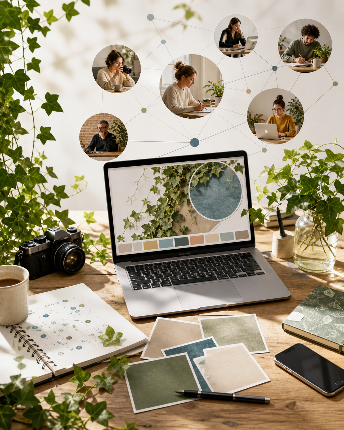 Laptop mit Pflanzen-Moodboard und verbundenen Porträts von Menschen, die an verschiedenen Orten arbeiten; daneben Kamera, Notizbuch und Farbkarten